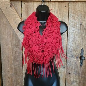 Open Weave Red Fringed Infinity Scarf Knit Bohemian Fashion Soft Stretchy EUC